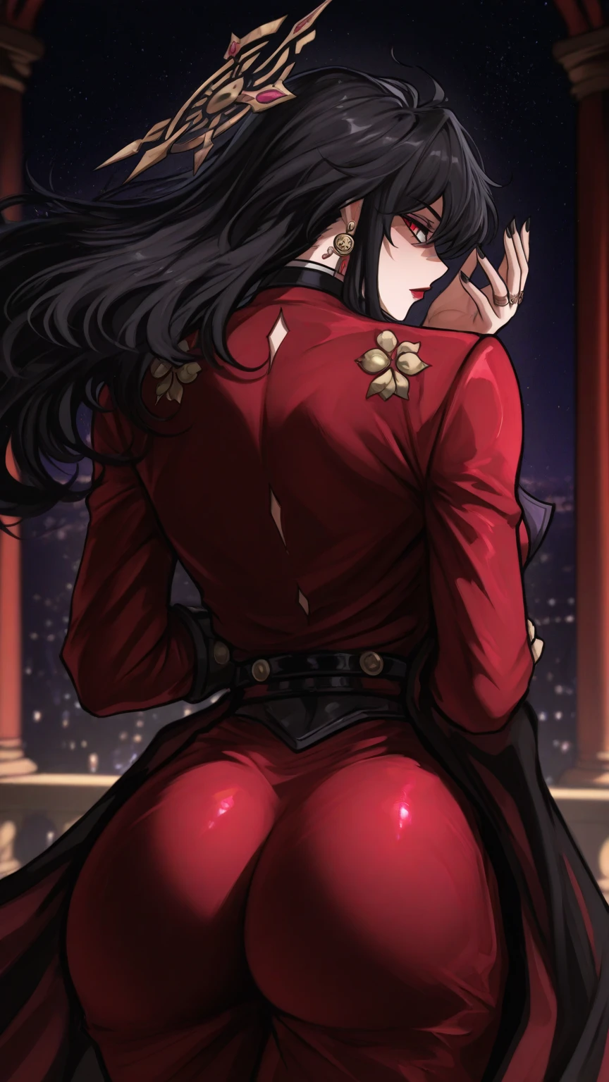 ((best quality)), ((masterpiece)), (detailed), (high resolution), perfect face, perfect face, 1 Women, (violet slit eyes:1.3), (black long hair), (a women grown-up face:1.4), parted lips, (a little big breasts:1.3), (orgasm:1.4), (black bikini :1.3), (undressed under bikini), (panty lift:1.2), (doggy sex:1.4), cum shot, (too many cum:1.3), (leaning forward:1.3) (old men:1.4), Stimulating, (touch buttocks:1.2), (angle buttocks:1.3), (sigh:1.1), (strip someone:1.3), (anime coloring:1.1), (dick:1.2), Ultra details++ , (Yamashiro Ren), Mato Seihei no Slave, motion lines, motion blur, bouncing breasts , blunt bangs, hair ornament, add more details, military uniform, epaulettes, leashed pov , white gloves, pussy, looking at viewer, red cape, black pantyhose, long hair hair over one eye, masterpiece, hair ribbon, soles,