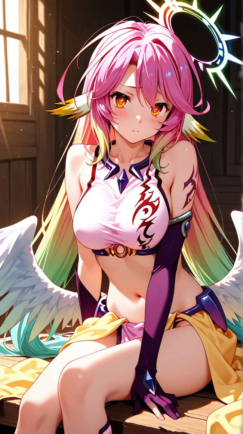 4K,High resolution,One Woman,Harpy,Pink Hair,Short Ponytail,Green Eyes,Big Breasts,White Wings,Golden toenails,Shrine maiden,White Shrine maiden outfit,hair band,Japanese Village