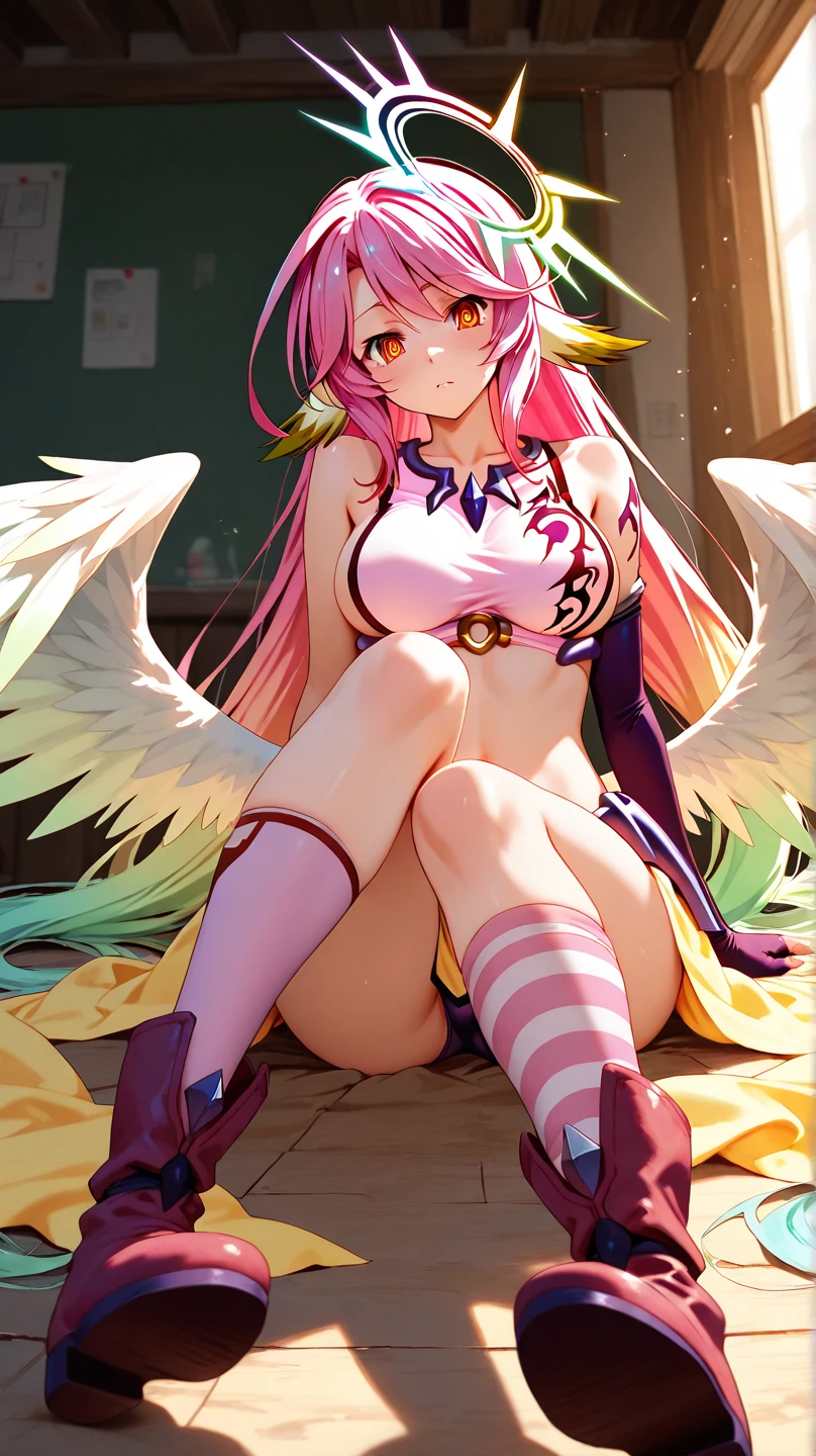 1 girl, fairy wings, pink hair, purple eyes, big, blushing, smiling, smirking, pretty, peace sign, (visible vagina), (pastiest on nipples), (pasties on vagina), legs spread
