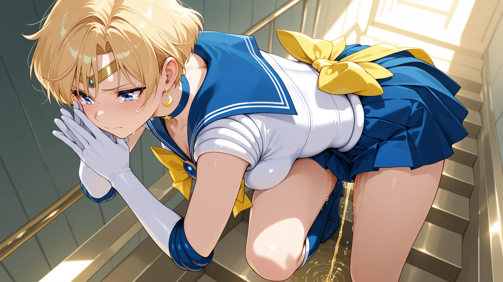 (La mejor calidad:1.1), (Obra maestra:1.4), (absurdos:1.0), retrato, primer plano,1girl, Marinero Urano, KizukiAi, Mujer madura, small breasts, aqua eyes, cabello rubio, Uniforme Sailor Senshi, Collar de marinero, arco de pecho, Arco trasero, Falda suplicante, Guantes blancos de codo, big booty, Ultra minifalda , jewely, Pendientes,, en postura de espalda, Show off your loot, Backwards, no thong big booty, Ultra minifalda ( Postura de la espalda, Backwards, Show off your loot) (PUNTO DE VISTA DE ABAJO A ARRIBA) (Booty close up) ( They are smiling, naughty face)
