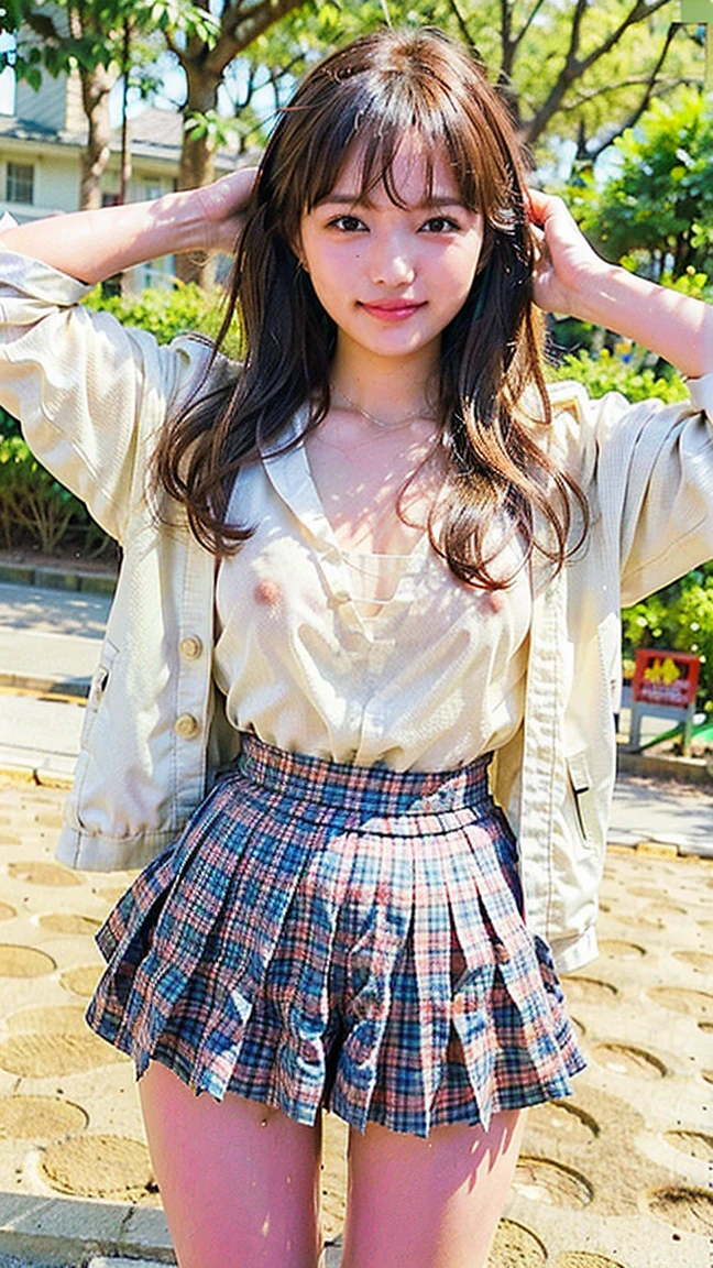 masterpiece, Highest quality, High resolution,8k， 1 silver hair clip, Tokiwadai School Uniform Photorealistic,Windmill side、blue sky、smile、low length、Immature body、Small breasts、Beautiful cherry-colored areola、Narrow waist、Small butt、Shaved、Upper body naked、Lifting up the clothes with hands to expose the chest、