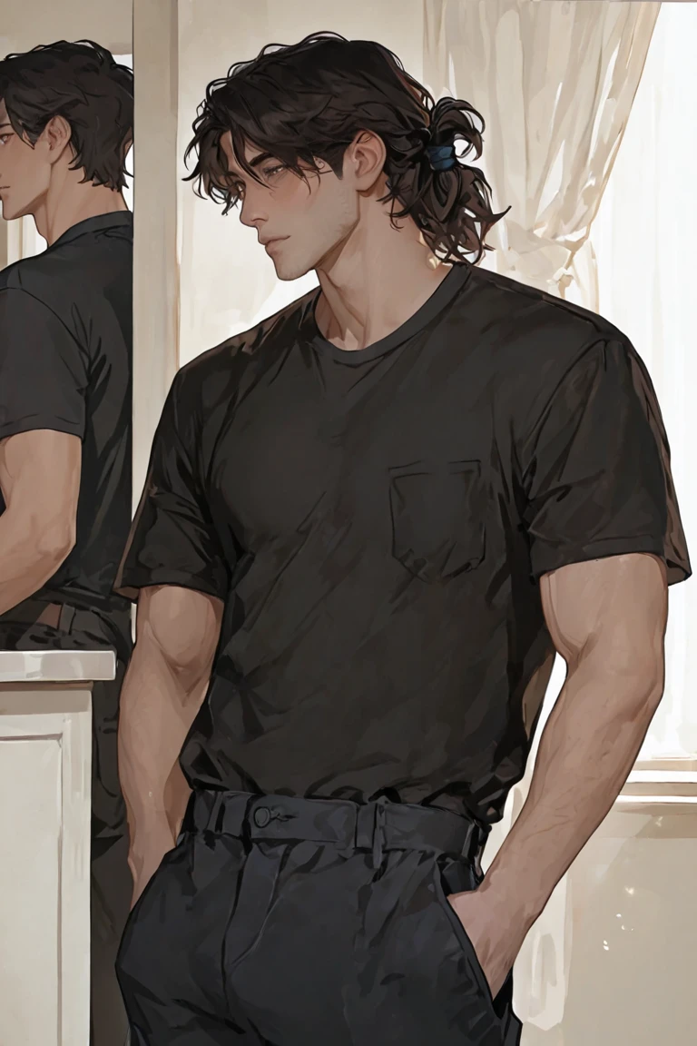 (Camiseta blanca para hombre), ), (con una barba corta,) Aspecto atractivo y serio, Dark brown hair, Elegante y con estilo, Camiseta de cuerpo fuerte afeitada, Un hombre similar al actor Jim Morrison, (Imagen realista y de alta calidad), Apartamento escandinavo en el fondo con pintura de pared azul, ((La mejor calidad, 8K, obra maestra).
