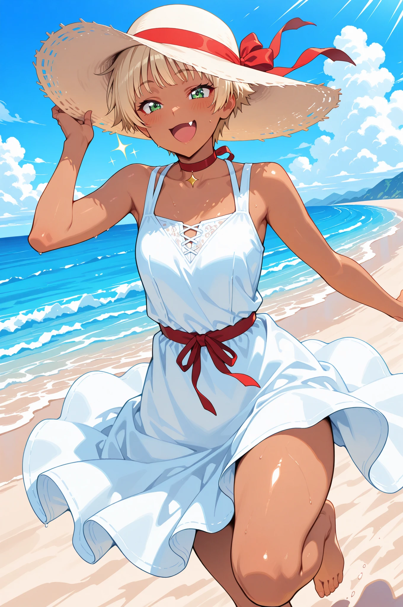 (masterpiece, best quality:1.5), (high resolution 8K), detailed eyes and face, detailed body,
BREAK 1 girl, japanese girl, longhair, ponytail, blonde hair, blonde eyes, wave hair, (mascara:1.2), (tan skin, dark skin:1.2), double teeth, fang, (piercing:1.2), medium breasts,
BREAK BREAK Floral sundress, wide-brimmed hat, flip-flops, beach bag, BREAK adjusting hat while walking, BREAK (bright smile:1.4), relaxed and breezy atmosphere, BREAK strolling on a boardwalk, ocean and sandy beach in the background