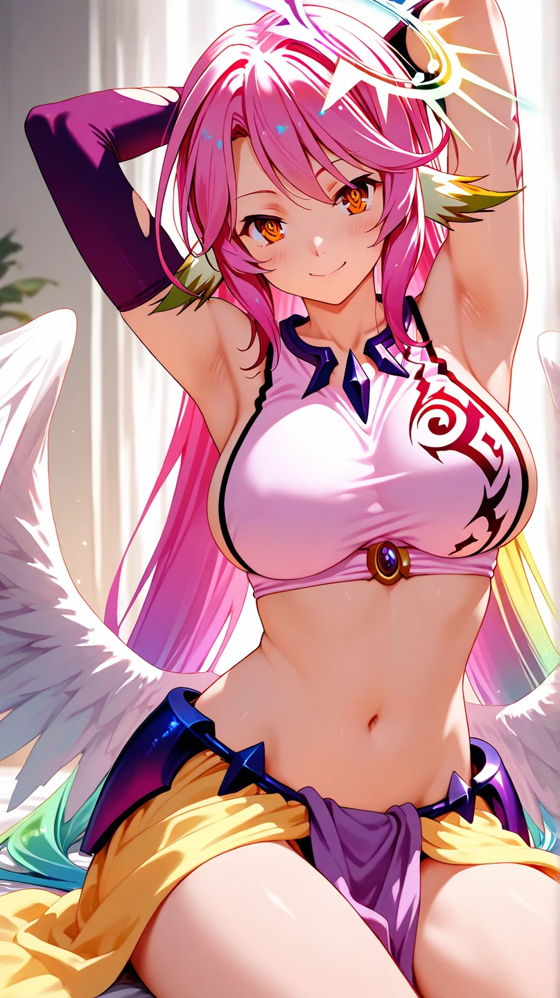 A smug narcissistic pink haired woman wearing a pink bra and blue pants and lots of jewelry flaunting herself