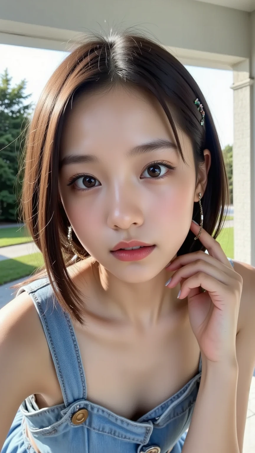 super high quality, Slenderのネックレス, Slender, Gravure photoshoot, The staff is working at the counter in the back., (8k、RAW Photos、Highest quality、masterpiece:1.2), Japanese Idol, Stylish café, (Realistic、Photorealistic:1.37), Mesh Hair, Urban Cafe, Golden Ratio, Raw photo, Cute face , Light Brown Hair, Small breasts, Bright cafe interior, Blurred Background, Summer clothes, Photographed inside the cafe, Neat clothes, T-Shirts, Very Short Hair, 18-year-old, Stylish clothes,