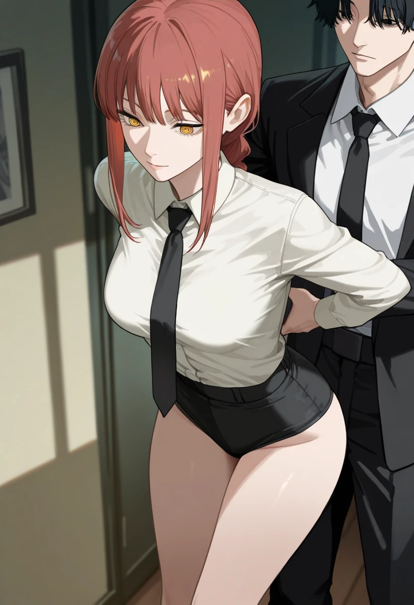 (2boys, standing,out of frame,faceless),Nishikino maki, twintails, white microbikini, black leather boots, black gloves, necktie,thicc,hug from behind ,(muscular:1.1) , (sweating:1.2), sweaty, soaked in sweat,solo , embarrassed, pussy juice, police cap, sweat drops,camel toe,(spread legs,arms up),cum on body,cum on breasts,(fat muscular legs:1.3)