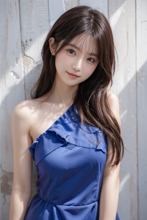 blue sky, Beautiful sky, Daytime view, Blue background, Professional director, Professional Lighting, (Highest quality, 12896k,masterpiece), Very cute small round face, Red lipstick, Larger lips, Japanese Idol, Big Breasts, clavicle, White Dress, Ultra HD, (Photorealistic:1.1), RAW Photo, One Girl, Beautiful eyes, Very big breasts and big eyes, Black brown hair, Smile, Are standing, Full body photo