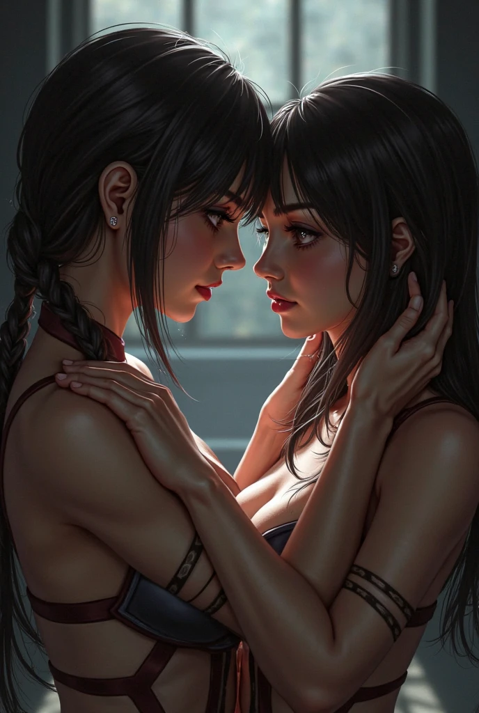 Naked. Dynamic fighting action. Survival. Two young and beautiful Japanese female mixed martial artists in a match in the octagon. Their bodies are facing each other. They are covered in blood. Their arms are outstretched and their fists are slamming into their opponents' stomachs. They are punching each other with all their might. They are out of breath with their mouths open, drooling, one eye closed. She is sweating profusely. Short-cut black hair. Omini-finger gloves. Erect nipples. Small breasts.