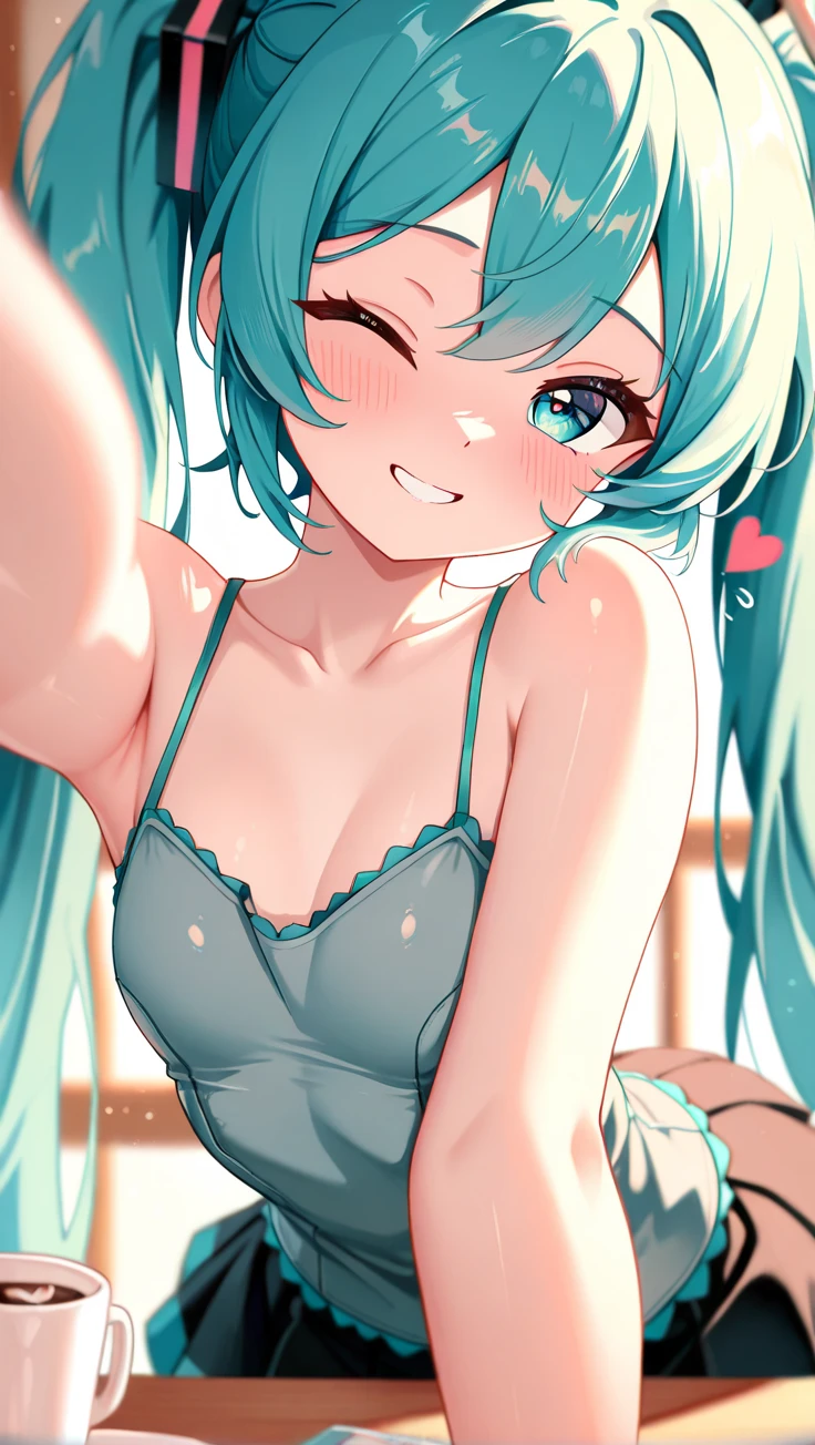 (8K、Highest image quality、highest quality、masterpiece)、detailed face、((one ))、mesugaki、(blue greenhair)、twintails、blue greeneye evil smile、((grin))、small breasts、((pink camisole))、((pink panty pull))、((bent ove))、cowboy shot、bedroom background
