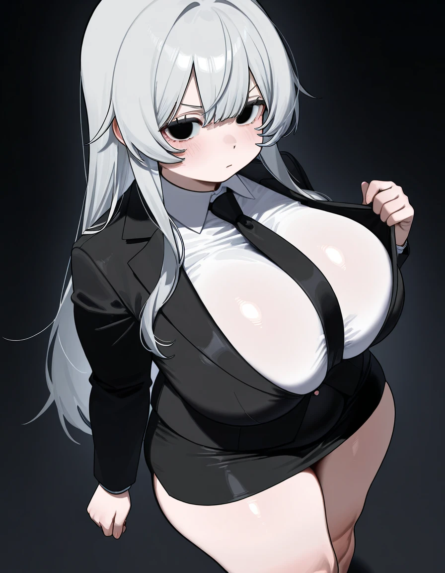 NSFW, ((gray skin Drow)) (suit, unbuttoned shirt), (gigantic breasts, huge breasts, Big breast), firm breasts, slim waist, curvy figure, arms behind back, (white_hair, red_eyes), long braids