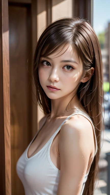 (masutepiece, Best Quality, Photorealistic, hight resolution, Photography, :1.3), Very close-up shot, Sharp Focus, 1 brunette girl, European Girl, hotmodel, Midriff, Highly detailed eyes and pupils, Realistic skin, Slim body shape, cleavage, very detail hair, Delicate sexy face, Organoleptic gas, shiny lips, ((For fashionable clothes)), ,The background is a town, ((Realistic, Super realistic, Realism, realistic detail))