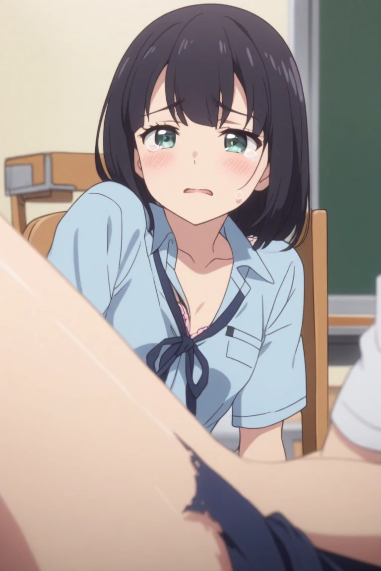 Crying girl with black bob hair、clear、Completely naked、Raped while standing by a naked middle-aged man、whole body、classroom、Shyness、resistance、fear