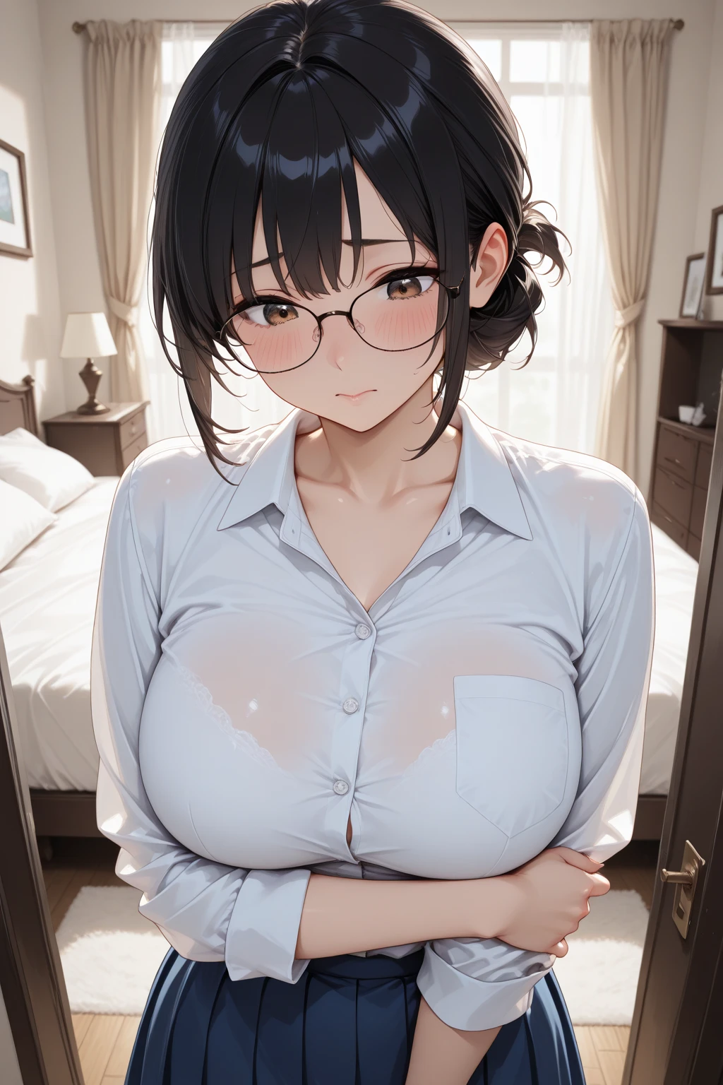 High Definition CG8k Wallpapers), (extremely delicate and beautiful), (top-quality:1.0), (The ultra -The high-definition:1.0), (extremely delicate hair), realistic shadow, [high-detail], More skin, (Very delicate eyes)、High school students、18year old、Pasture、a bitter smile、perspiring、、a wet body、Laid down、full body Esbian、inner chest、inner chest、inner chest、eye glass、Twin-tailed、Thick white cream on the face、Overalls clothing、inner chest、Upper body naked、