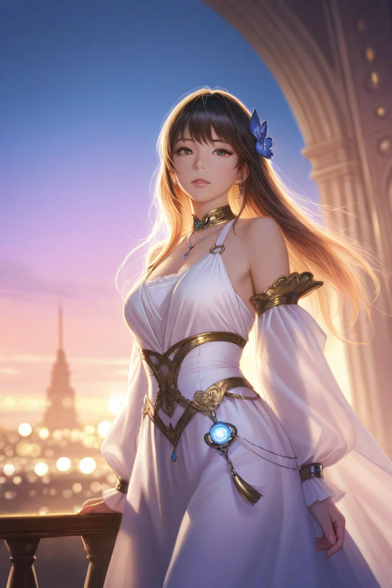 long hair, jewelry, hair ornament, cleavage, shirt, belt,pouch, belt pouch, thighs, cityscape, night, standing, short sleeves, <lora:moyi_20230712223009-000008:0.75>