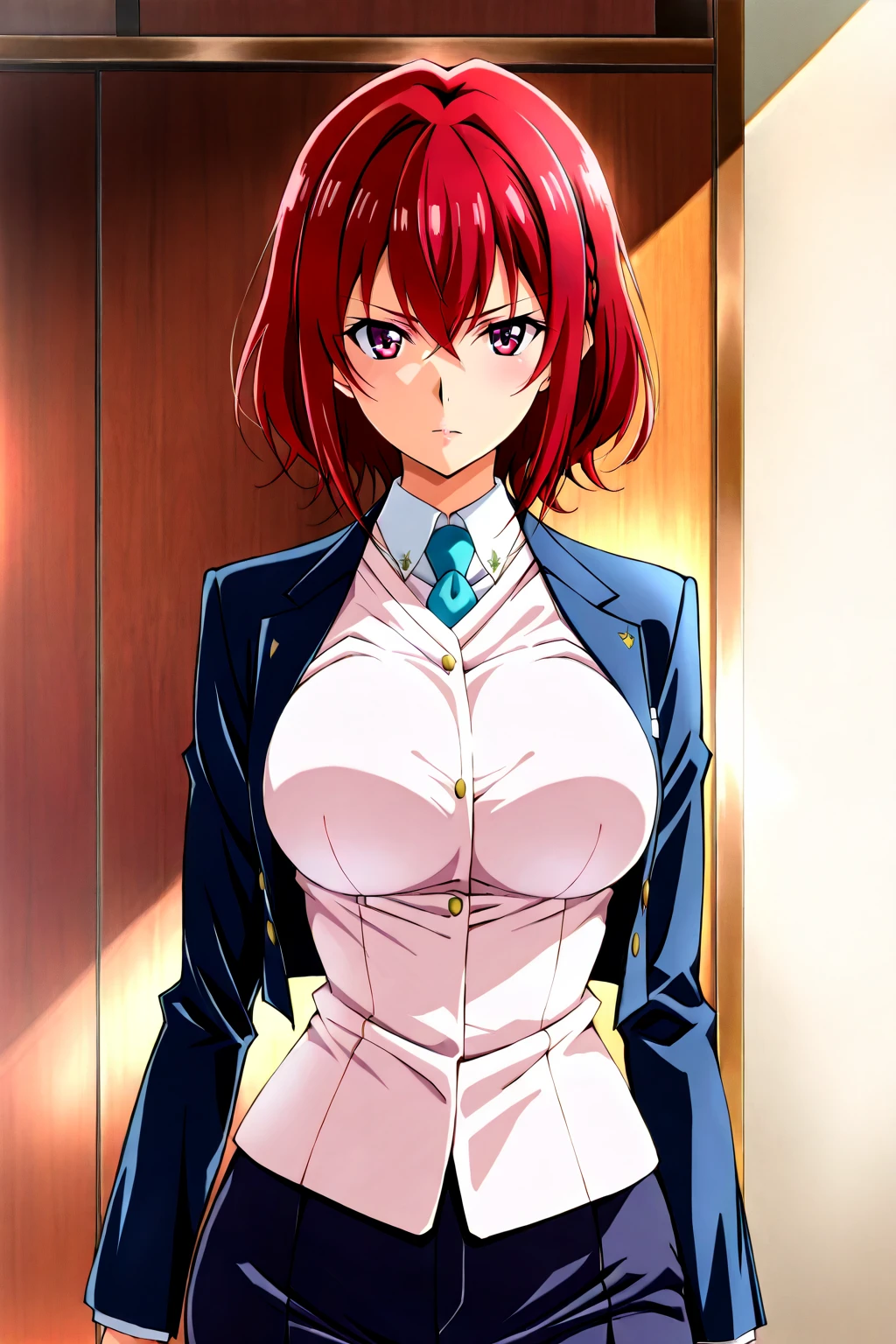 <lora:colorize:1.0>,particles,shirt,sleeves_rolled_up,mouth_hold,necktie,pants,black_necktie,looking_at_viewer,limbus_company,wet,breasts,velminth,see-through,wet_clothes,bags_under_eyes,white_shirt,project_moon,outis_(limbus_company),collared_shirt,scar,necktie_in_mouth,indoors,multiple_scars,1girl