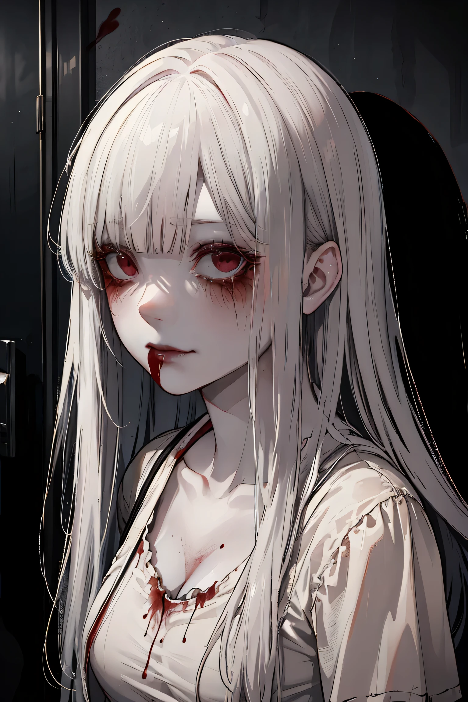 best quality,ultra-detailed,realistic,portrait,yandere girl,beautiful detailed eyes,intense expression,maniacal laughter,long hair,sharp knife,dark background,vivid colors,psychological thriller cinematography,soft,moody lighting,creepy atmosphere,blood stains,madness,obsession,deep shadows,horror,emotionally unstable,chaotic beauty,unpredictable,stormy skies,haunting aura,unsettling presence,hyper-realistic rendering,provocative,emotionally charged,unhinged,alluring,strange fascination,macabre,provocative,heart-shaped pupils,playful darkness,delusional passion,horror artwork,hauntingly beautiful,nightmarish fantasy,Alice in Wonderland gone wrong,unconventional love story,manipulative,possessive,dangerous femme fatale,lunacy,insanity,obsessive affection