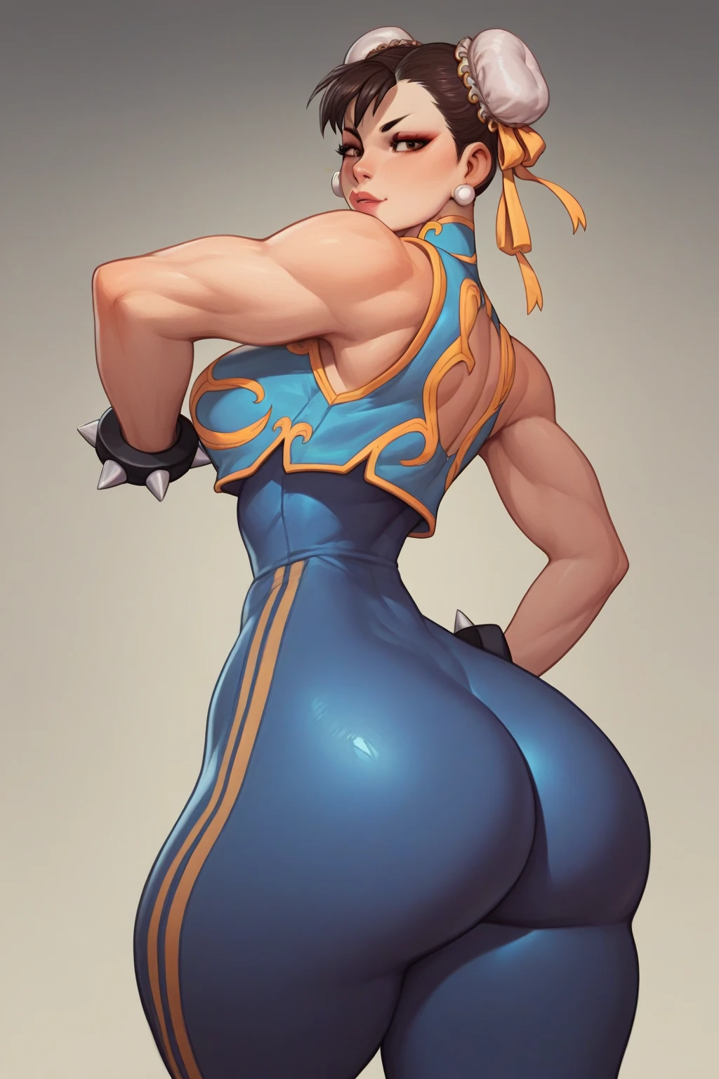 CHUN-LI, brown eyes, double bun, yellow ribbon, blue bodysuit, crop top, sleeveless, wide gigantic ass, from behind, gigantic breasts, underboobs, sideboobs, perky big puffy nipples, ((long erected nipples)), big cameltoe 
