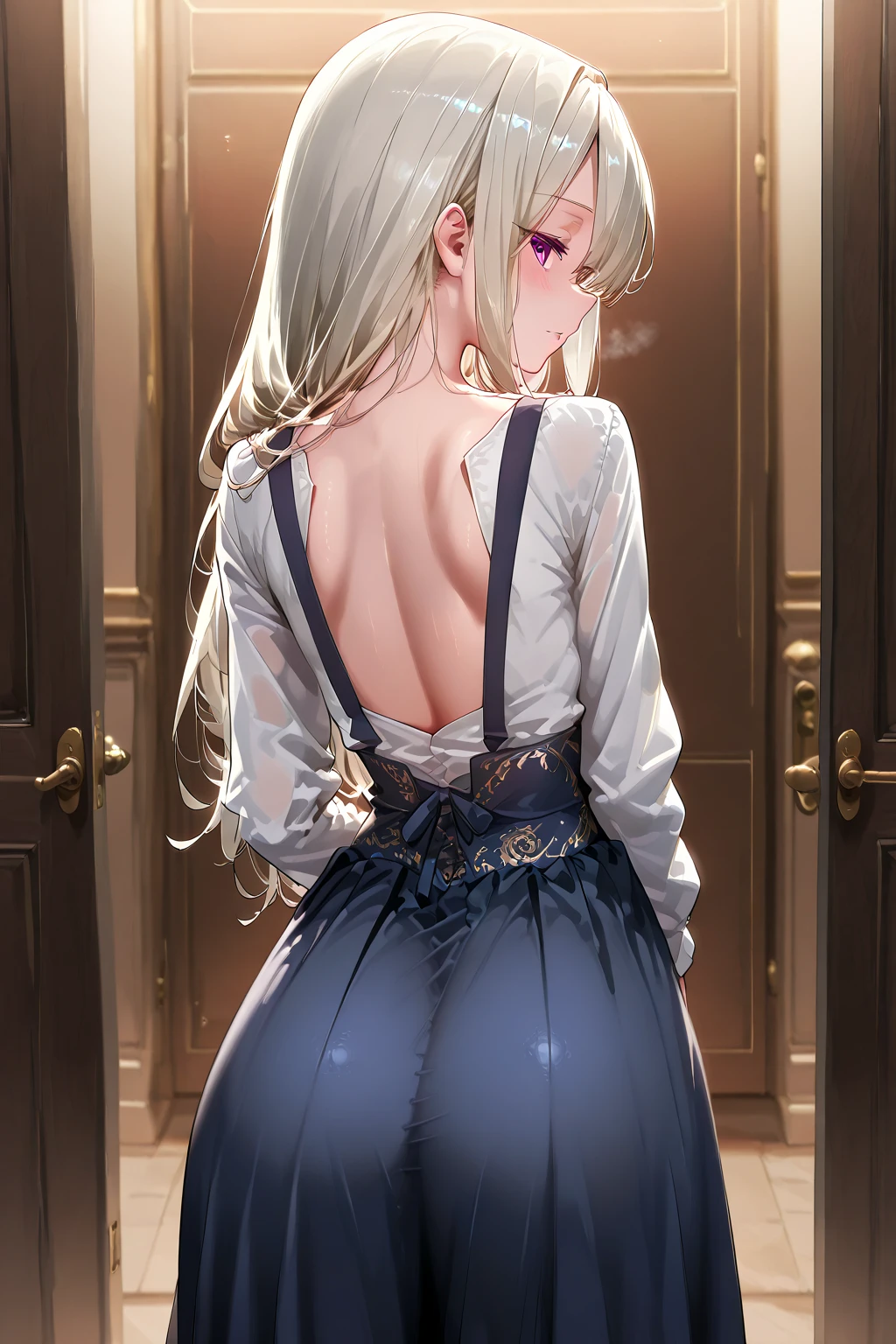 Super detailed、highest quality、Best image quality、masterpiece、8K、(two women lined up:1.5)、Anime Face、A kind smile、Open Mouth、Sparkling Blue Eyes、(Long blonde wavy hair:1.5)、Heavy bangs、Wearing a maid headband、(NSFW giant)、(((Rear view)))、Cowboy Shot、(Wearing a white thong:1.3)、Muscles of the whole body、Knee-high socks