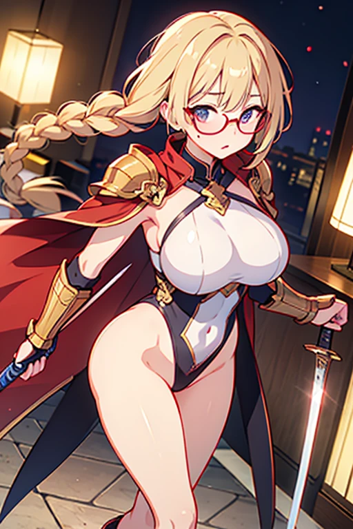 masterpiece、highest quality、1girl , solo , huge breasts、deep cleavage、light gold hair、ponytail、brightly colored eyes、blue eyes、black glasses、japanese green kimono、hakama、flashy necklace、charm、Wet、face turns red, very sweaty, dynamic pose、standing、Headphones worn around the neck、flashy hair ornament、shrine