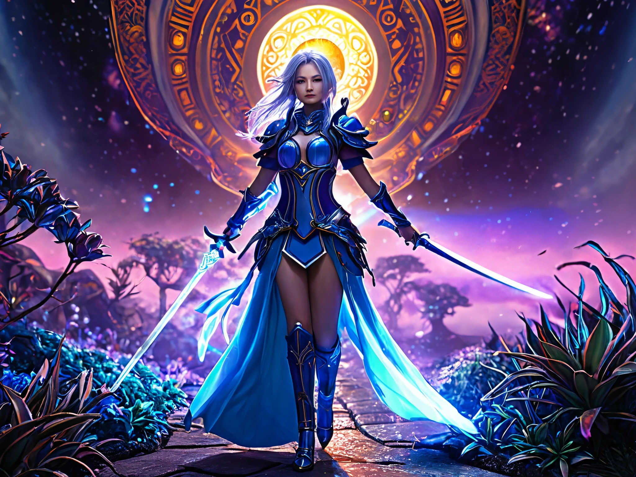 sutendogurasu geometric pattern, best quality,4K,8k,hi-res,masterpiece:1.2,Super Detailed,realistic:1.37,HDR,ultra high resolution,Ultra Fine Painting,clear focus,Physically Based Rendering,Extremely detailed description of the surroundings,Professional,Art Nouveau,tarot card style, (2 characters), dynamic angle, dynamic pose that floats on your sleeve, intense expressions, full body, alien woman, female magic swordsman wielding a translucent blue sword is accompanied by a guardian spirit.  The sword has an ethereal energy The . Women are protected by guardian spirits,  has a pleasant and powerful presence ., Tied with flowing silver hair., showcases the finest craftsmanship in the medium of digital illustration,  with JRPG elements . この場面はbright color彩に満ちている,  captures the essence of a fantasy world . lighting emits warm light,  emphasizes the intricate details of the female magic sword ,  and guardian spirit .  A female magic swordsman gracefully manipulates weapons ,  adds a magical and fascinating element to the scene , The atmosphere is reminiscent of the Final Fantasy X world., Concept art inspired by Jean Giraud Mevius,  The overall quality of the images generated is top notch , with Super Detailed visuals to bring this captivating composition to life. The artwork is reminiscent of a masterpiece, Concept art inspired by Jean Giraud Mevius.,  Amano Yoshitaka Kaze ,  Fractalized , Organic exoskeleton , glass exoskeleton ,Exotic plants,(Bioluminescent bacteria),bright color, Light Purple Hues ,It has become a hot topic on CGSOCIETY,Landscape,horror,SF,Concept artist,明るくbright color,dreamy lighting