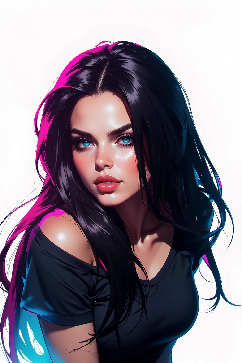 20 year old woman she has long and very dark hair, with a few purple lighting points. Eyes in a dark brown shade, she usually has a loose bun, wear clothes in neutral colors (usually makes a play with black and gray and white details, It has a kind of dark academia style, no back ground, marvel comic art style