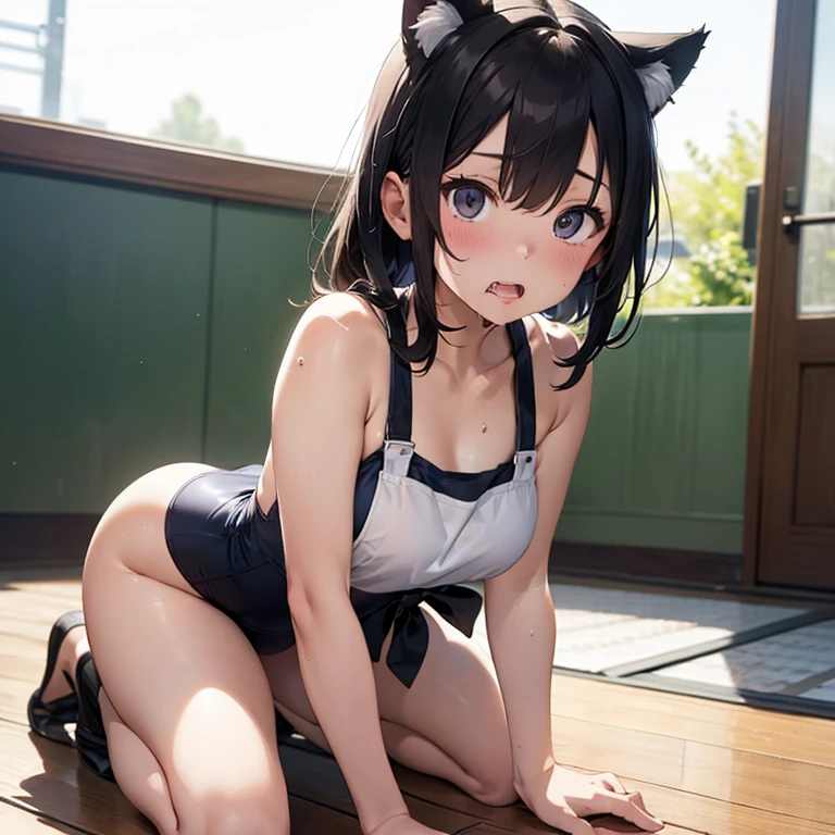 (best quality, masterpiece:1.3), 1 girl, lascivious mouth, (medium breasts:1.5), fox ears on head, helpless girl, submissive girl, Shibari lascivious look, black hair, short hair, beautiful eyes, yellow eyes, nude, spread legs, wet skin, up skirt, white skirt, mini skirt, camel toe, one hands on pussy, show pussy, wet pussy, masturbating, background in abandoned building,