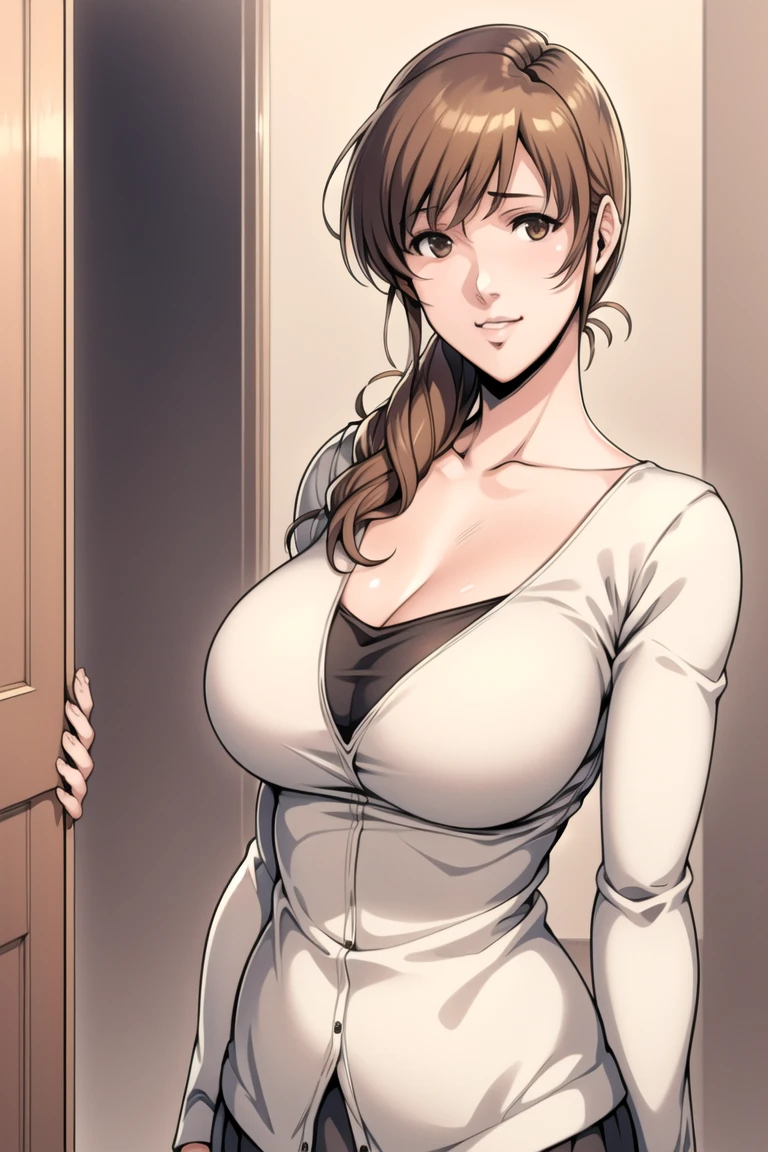 ((night、realistic light、best quality、8k、masterpiece: 1.3))、1 girl、slim and beautiful: 1.4、(Brown hair、Medium breasts: 1.3)、Pink long sweater: 1.1、bathroom、Very thin face、Delicateeyes、 double eyelids、Smile、necklace、Brown eyes,(Large Breasts:1.1)(Large Breasts、Cleavage, cleveage、Thick thighs)), Perfect body、