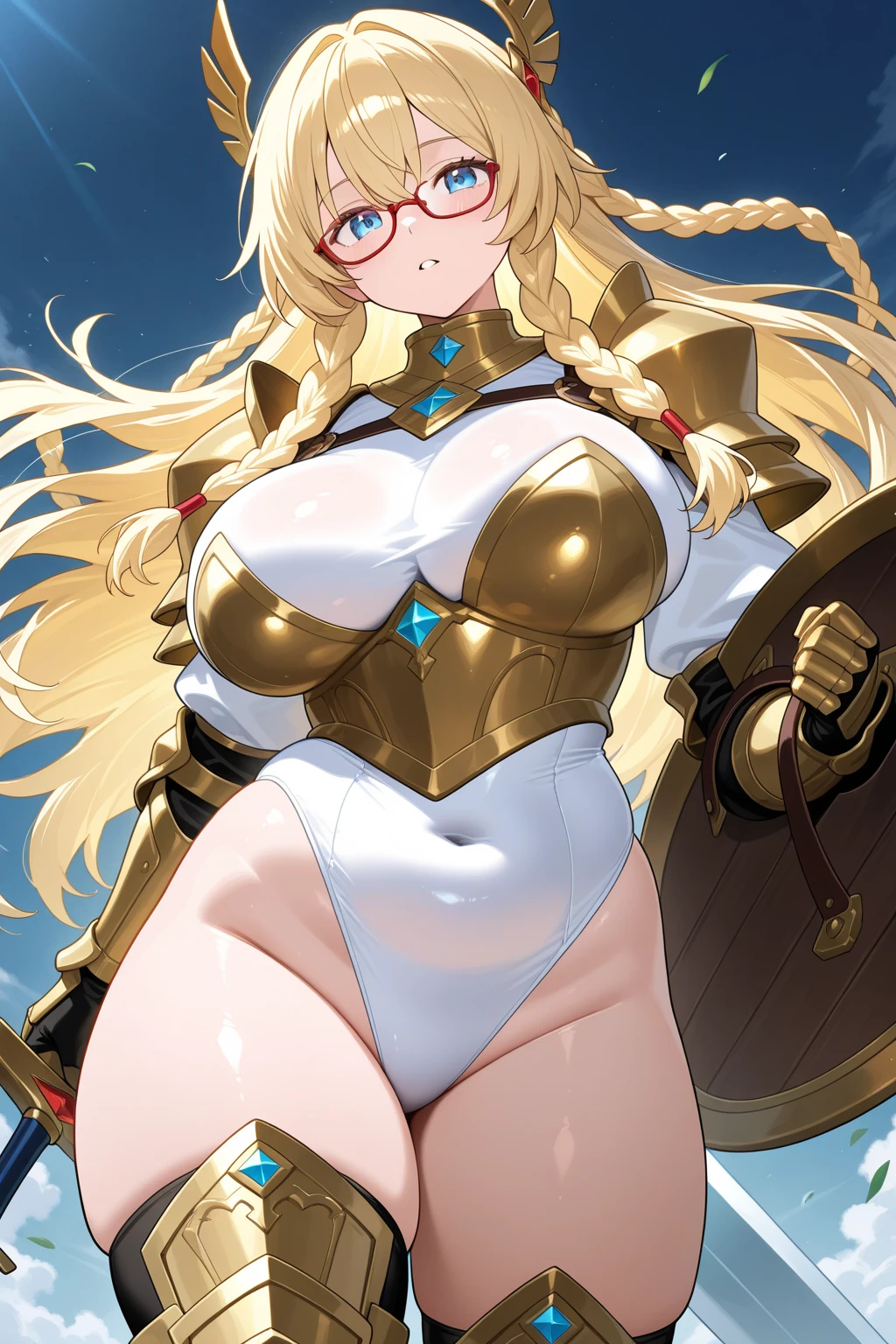 Very detailed、Highest quality、Best image quality、masterpiece、8k、(shoulder-length blonde hair:1.5、Medium Long Hair)、(smile、Open Mouth) 、(Hilarious)、(Big eyes)、(Beautiful and shining eyes)、(Detailed anime eyes)、(Puffy eyes)、(Big Breasts:1.8、necklace)、((SFW Huge Body:1.3))、(Wearing white bikini armor:1.5、White high leg leotard、Arm Armor、Leg armor:1.5、Put on a helmet:1.5)