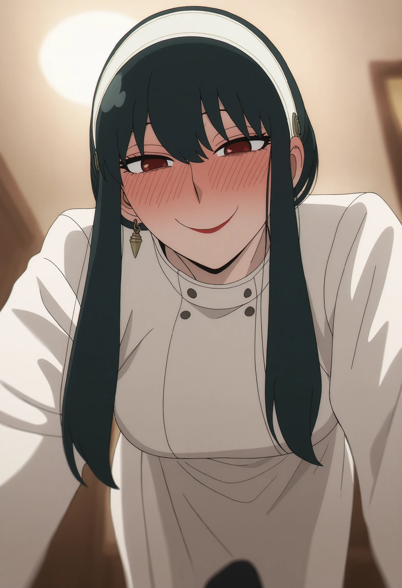 1girl, yor briar, red eyes, black hair, hairband, white hairband, sidelocks, long hair, large breasts,sharp eyes,red cheeks, aggressive female, handsome girl, red lipstick , ,looking at viewer from below twords above, ,a gentle smile, red cheeks,drunk,Her cheeks are deeply flushed, shinny eyes, badass , Yor white coat (outfit), standing on all fours,