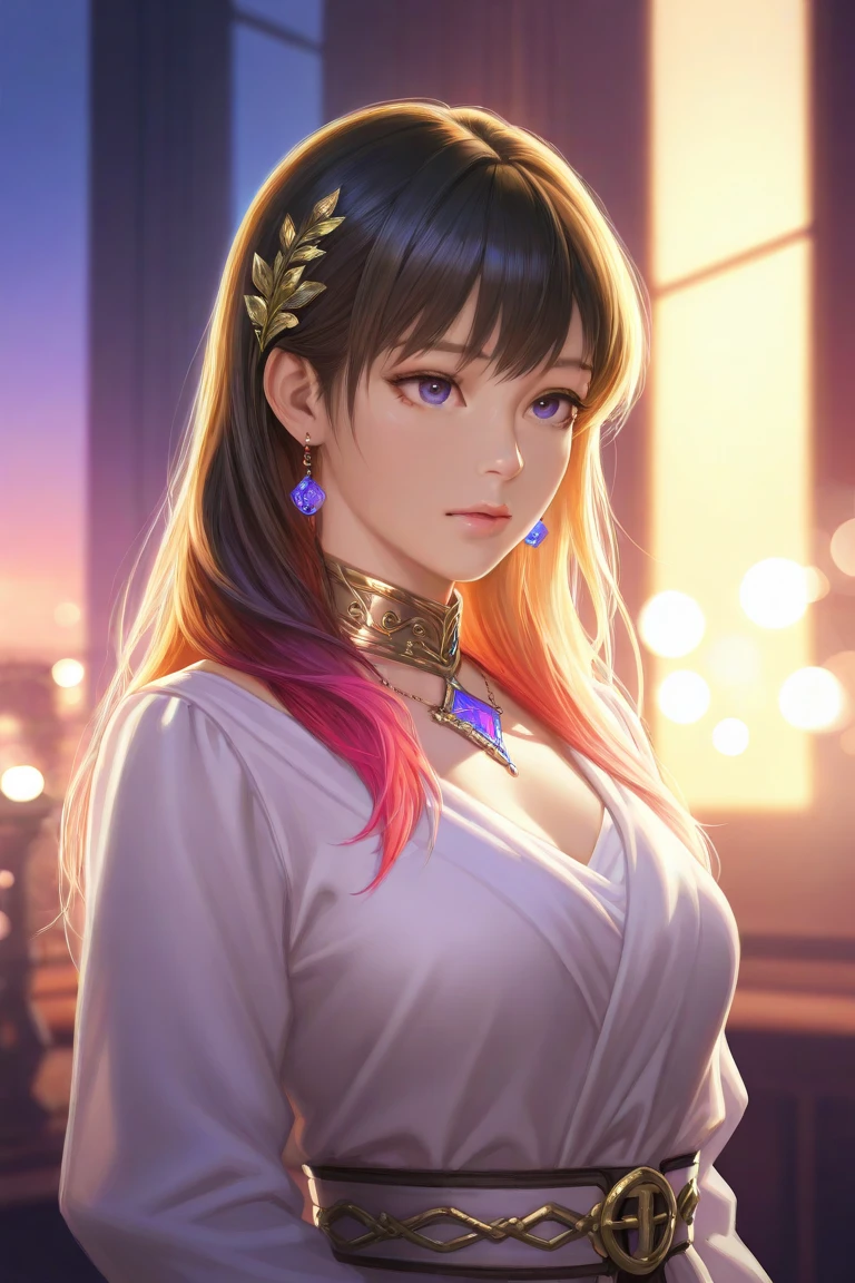 (masterpiece, high quality, 4k, 8k:1.4), 1girl, solo, pink hair, brown eyes, double-parted bangs, long hair, (mature female, mature:1.2), mole under eye, earrings, white flowy dress, close up, detailed face, beautiful detailed brown eyes, extremely detailed face, long eyelashes, intricate details, soft lighting, warm color palette, indoors