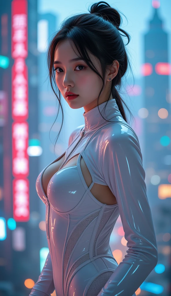 a CYBERPUNK HUMANOID female wearing a highly advanced armor in white and pink color made of metal and wires. her body is filled with glowing liquid to keep the temperature cool. The glowing liquid is flowing inside wires. Her face is engraved with glowing tattoos in japanese language. her body is perfect and she has hairs made of steel wires. She has camera lens in her left eye. Her one breast is open.