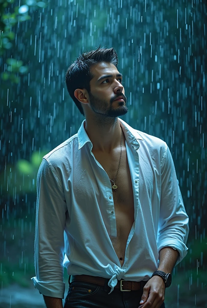 Handsome man with the (open arms looking at the sky). Dressed in white linen pants and topless. (heavy rain: 1.3). wet clotheswet hair. Standing in the middle of a green grass meadow