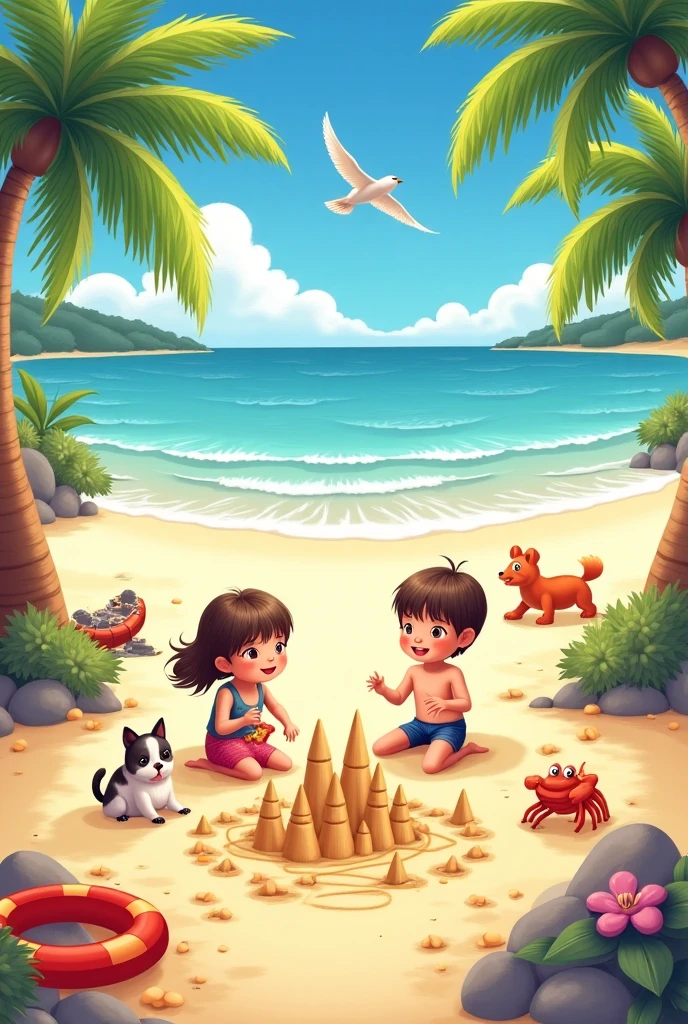 Create an image of two child cousins playing in the sand of the sea with a cat, with a boat in the background and an otter playing in the water