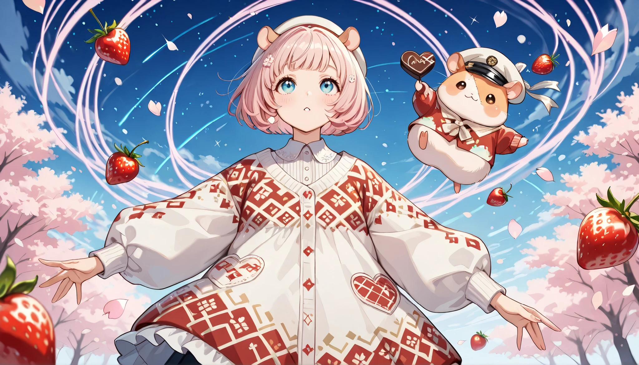 cute illustrations,Cherry blossom trees,(Hamko-chan   , hamster girl,((Light Pink Hair : bob cut:1.3),  Scandinavian pattern looking up at the sky {X} Scandinavian pattern looking up at the sky clothes and hat, hamster ears),dynamic pose that floats on your sleeve,(( hamster:1.3)There is a  hamster beside her:Sup er cute  hamster: hamster anatomically correct),  chocolate and strawberry  ,  patchwork quilt  ,Nordic pattern,💖,✨, Heart Symbol, glitter,Like