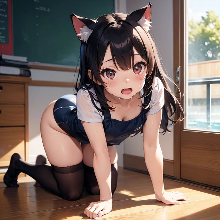 best quality, masterpiece:1.2), 1 girl, mischievous smile, (medium breasts:1.4), dog ears on head, helpless girl, submissive girl, black hair, long hair, beautiful eyes, yellow eyes, glasses, nude, spread legs, up skirt, transparent black skirt, mini skirt, camel toe, one hand on pussy, show pussy, pissing, background in abandoned building,