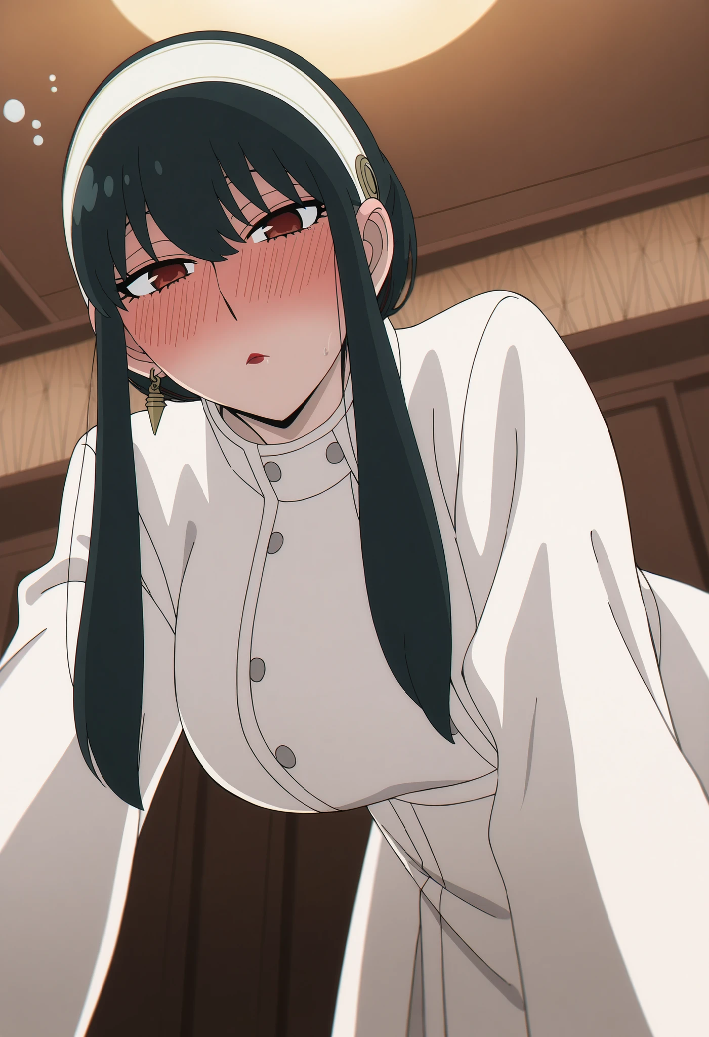 1girl, yor briar, red eyes, black hair, hairband, white hairband, sidelocks, long hair, large breasts,sharp eyes,red cheeks, aggressive female, handsome girl, red lipstick , ,looking at viewer from below twords above, ,a gentle smile, red cheeks,drunk,Her cheeks are deeply flushed, shinny eyes, badass , Yor white coat (outfit), standing on all fours,