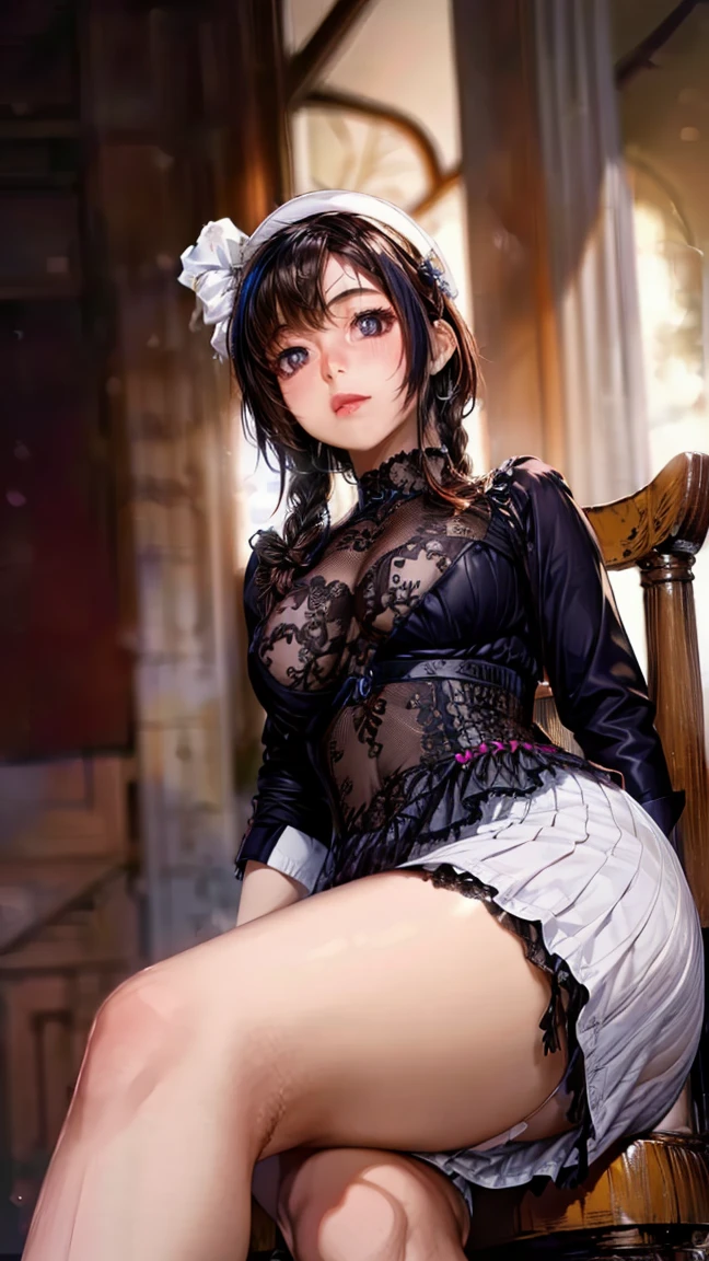 (top-quality、tmasterpiece、high resolution、super high image quality), 1girl, 8K, Rei Himiyama, Amakano, dark purple hair, long hair, straight hair to the waist, perfect figure, 20 years old, F Cup, big butt, green eye, (clear eye white part),  maid outfit，dark purple hair，mature face，slim figure, ssmile