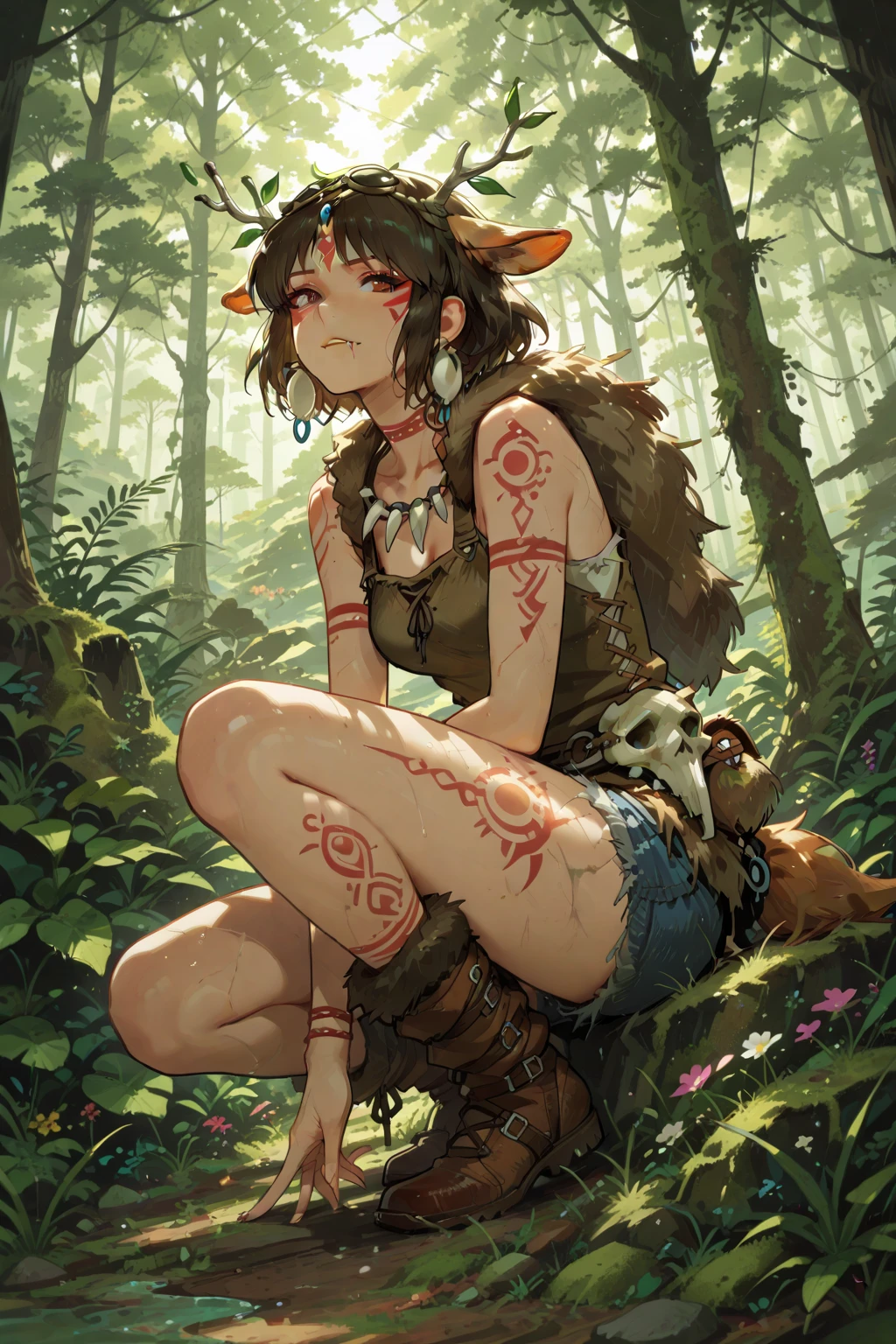 A young femboy, standing alone, reptile syrup, feathered calf, Caucasian skin, ultra realistic light, violet eyes, red hair and ponytail, Caucasian skin, tropic jungle, very detailed jungle, very detailed skin, well-detailed face, mountains on the background, volcano in background, hair details, feather details, eye details, serious look, feathers on the arms, reptile tail detail