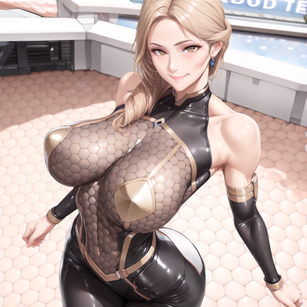 (((best quality))), (((high resolution))), (((masterpiece))), ((ultra-detailed)), (illustration), ((an extremely delicate and beautiful)), ((super detail)), (((20 years old))), ((adult)), (((tall))), gleaming skin, shiny body, breast focus, (((((ultra-huge breasts))))), sadistic smile, ((big round eyes)), cute eyes, drooping eyes, two hands, five fingers, no extra hands, two legs, slender legs, ((biopunk)), ((metallic cloth)), (android), gynoid, delicate metal decorations, (medium length hair), (hair shorter than shoulder), braid, pony tail, (see-through), ((midriff-baring outfit)), (shining brightly), daytime, city, (dark pink blond), (metallic dark violet), (latex), camel toe, pussy juice, (((bare legs))), (cybernetics), ((corrupted maid)), ((topless)),