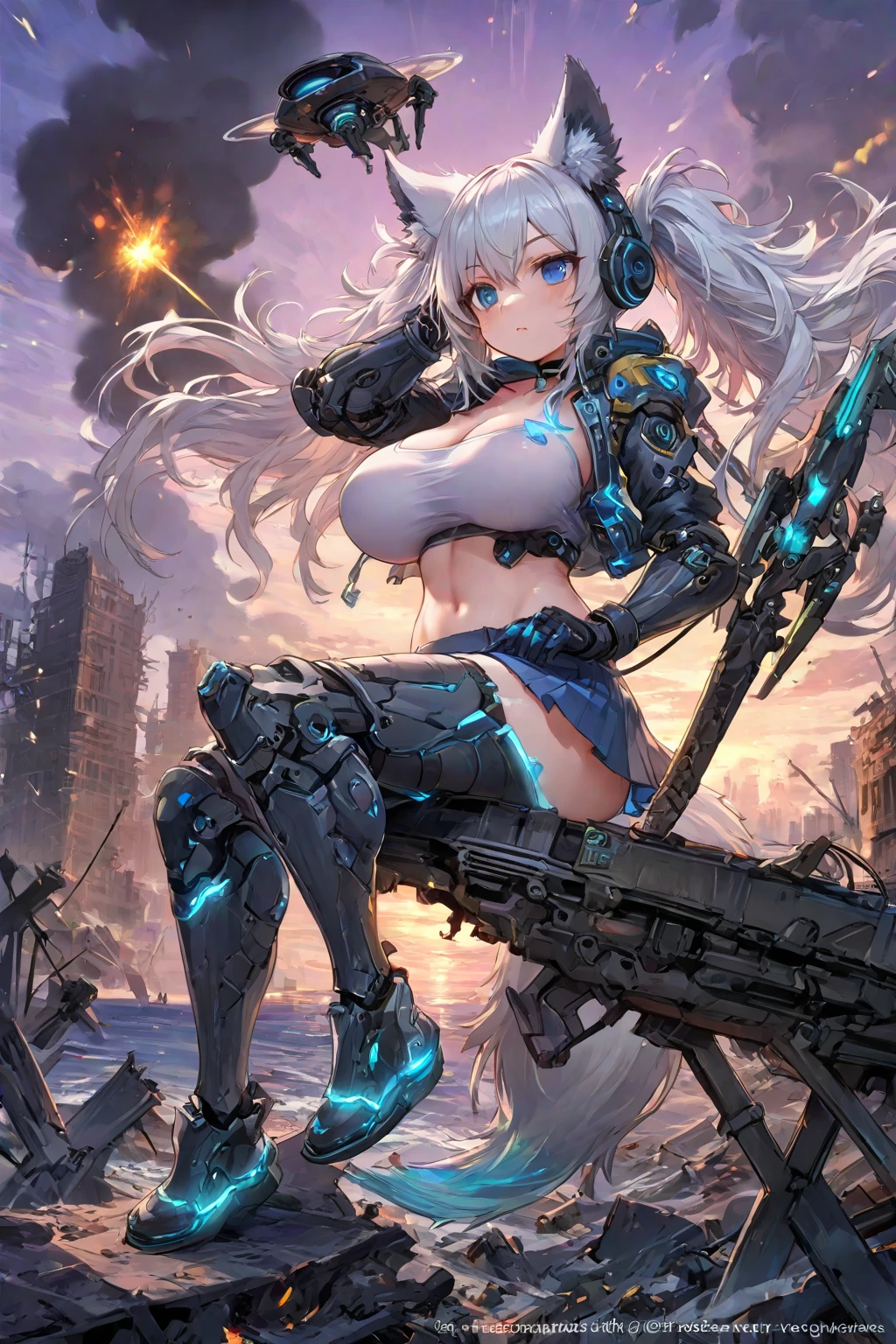 1girl, solo, masterpiece, old factory, warrior, silver hair, strait hair, twintail, huge breasts, blue bikini armor, nipples, red eyes, guns, robotic equipment, metal suit, looking at the viewer, ((standing))
