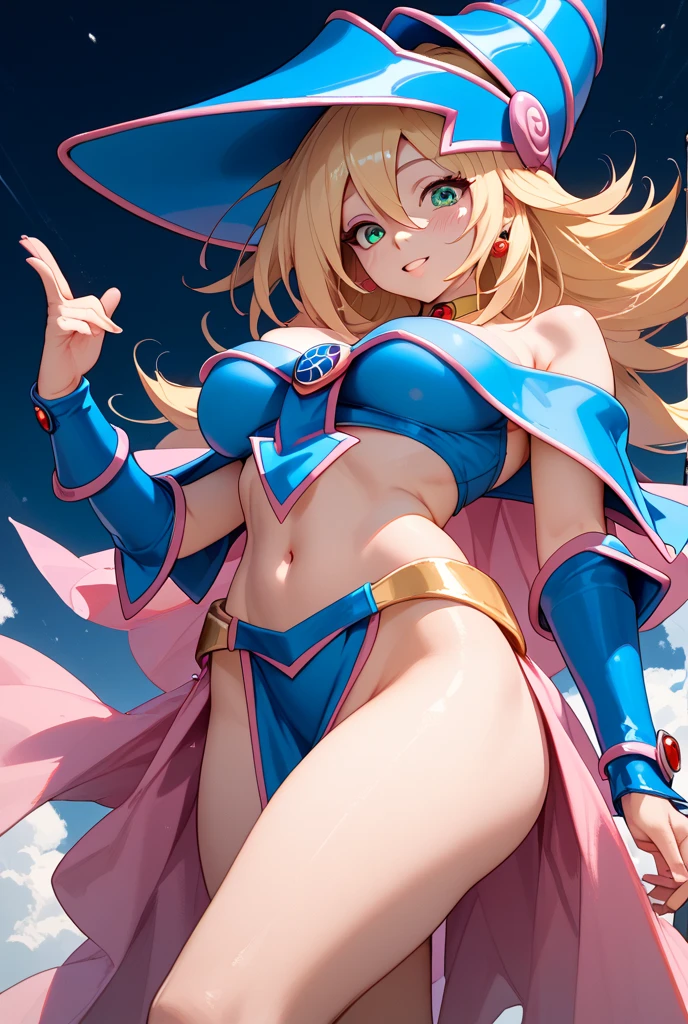 <lora:cutefires_style:0.8>,((masterpiece,best quality)), absurdres, <lora:dark_magician_girl_v1:0.6>, hmdmg1, wizard hat, blush, blush stickers, cleavage, bare shoulders, dress, off shoulder, solo, smiling, looking at viewer, cowboy shot, cinematic composition, contrapposto