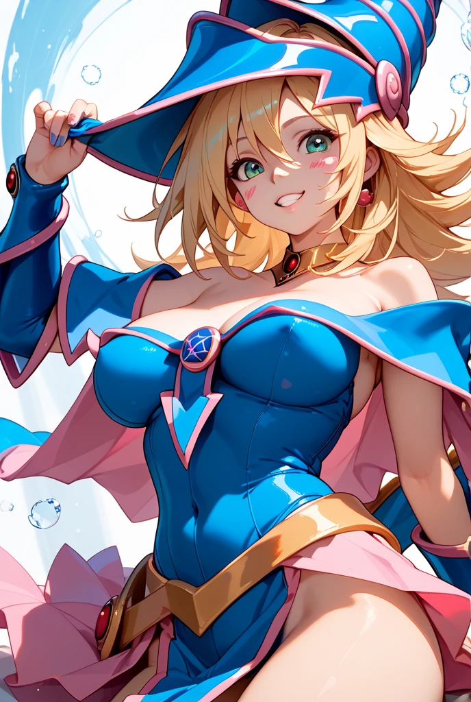 (Masterpiece:1.2), (The best quality:1.2), Perfect lighting, Dark Magician Girl casting a spell, In his twenties, floating in the air, big tits, neckline, blue robe, big hat, From above, sparkles, Yugioh Card in the background