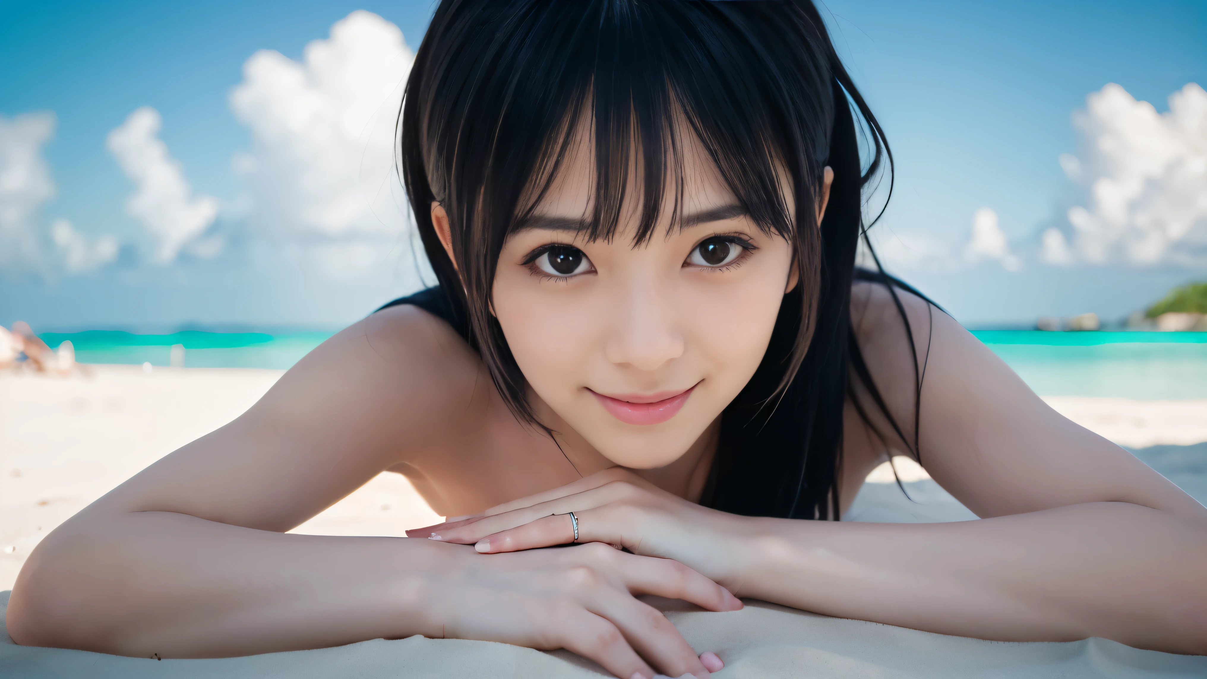 highest quality, 8k, Super detailed, realistic, 1 girl, (alone:1.3), (((masterpiece))), highest quality, highest quality, advanced details, nakano azusa, 1 girl, smile, twin tails, hair length, black haired, brown eyes, alone, blush, (pink ruffle bikini:1.3), complex and detailed, (Depth of written boundary), (masterpiece), (highest quality), (Super detailed), (enlightenment), (Take-out), sit on a chair, (eat shaved ice:1.2), beach house, outdoors, Upper body, 15 years old, Japanese face, Don'Please do not write NSFW