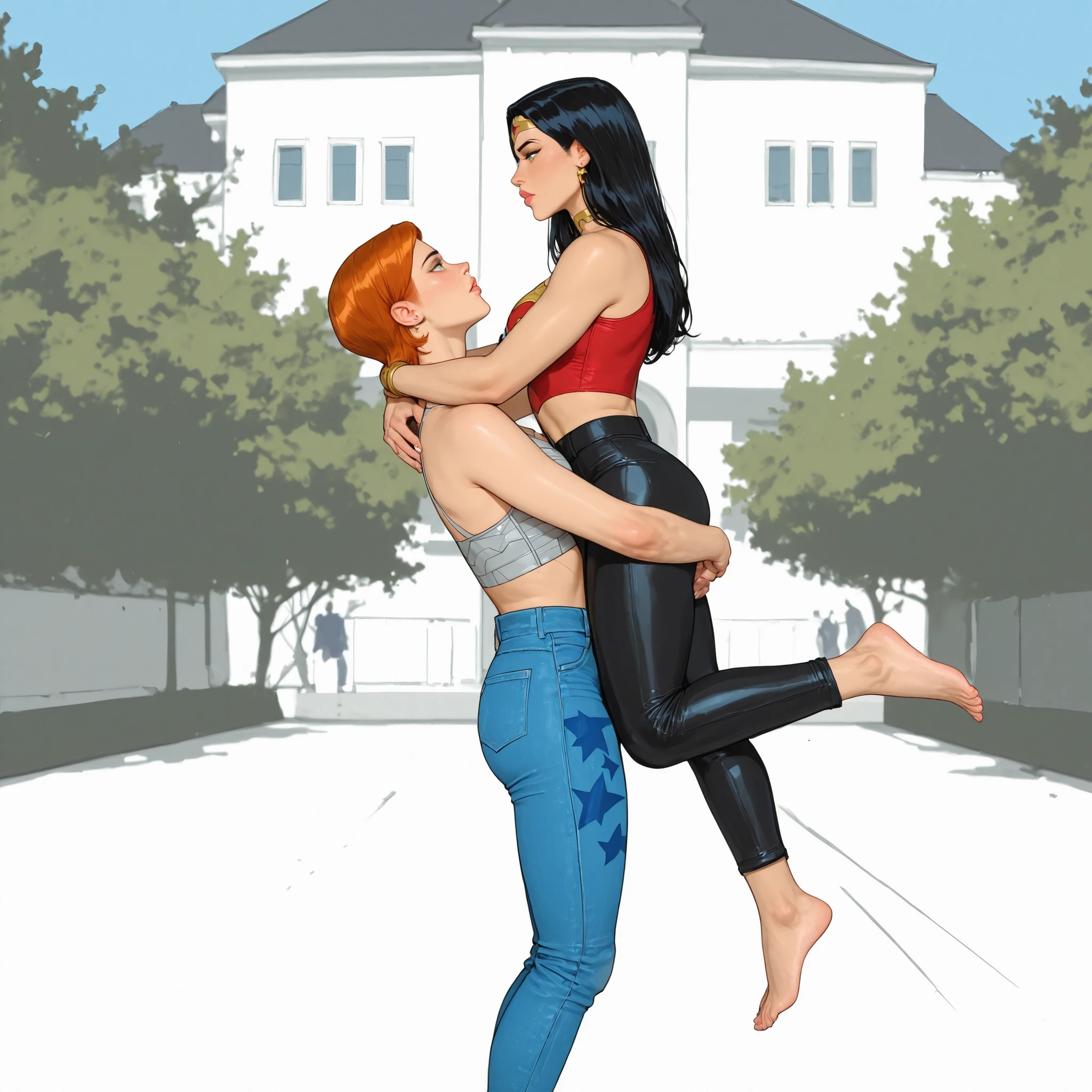 score_9, score_8_up, score_7_up, score_6_up, dcaustyle,western cartoon, Expressiveh, BREAK, 2igrls, lesbians, gwen tennyson (Ben10) is carrying  her curvy girlfriend Wonder Woman in her arms, gwen tennyson has short orange hair and is standing upright and carrying her partner,  Wonder Woman has long black hair and she is wearing her gold tiara, lesbian love, looking at each other, intense romance, perfect anatomy, perfect hands, perfect lips, perfect eyes, best quality, highest details, masterpiece