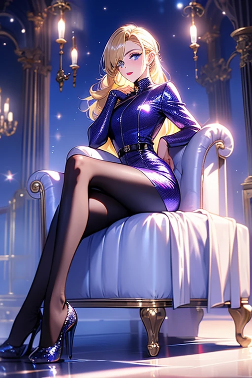 A smiling blonde mature woman wearing a purple patent leather tube top, purple patent leather shorts, purple patent leather gloves, and purple patent leather knee-high boots　Eiffel Tower in the background　
