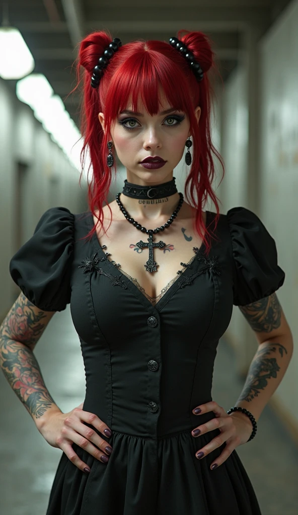skini girl, grey t-shirt , (((((pale skin)))))), blue eyes,
white girl, deep pink hair, ultra realistic, ,
large breast, (((huge breast))), ponytail hair,
dark tunnel full of skulls with little light background,
candle lights,
((tattoo skull breast))