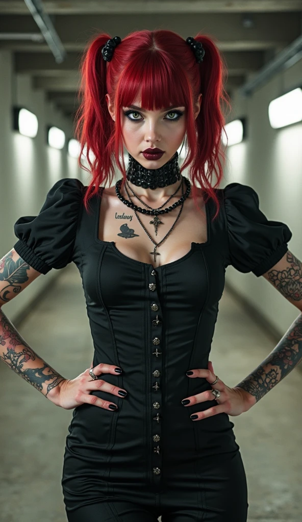 skini girl, grey t-shirt , (((((pale skin)))))), blue eyes,
white girl, deep pink hair, ultra realistic, ,
large breast, (((huge breast))), ponytail hair,
dark tunnel full of skulls with little light background,
candle lights,
((tattoo skull breast))