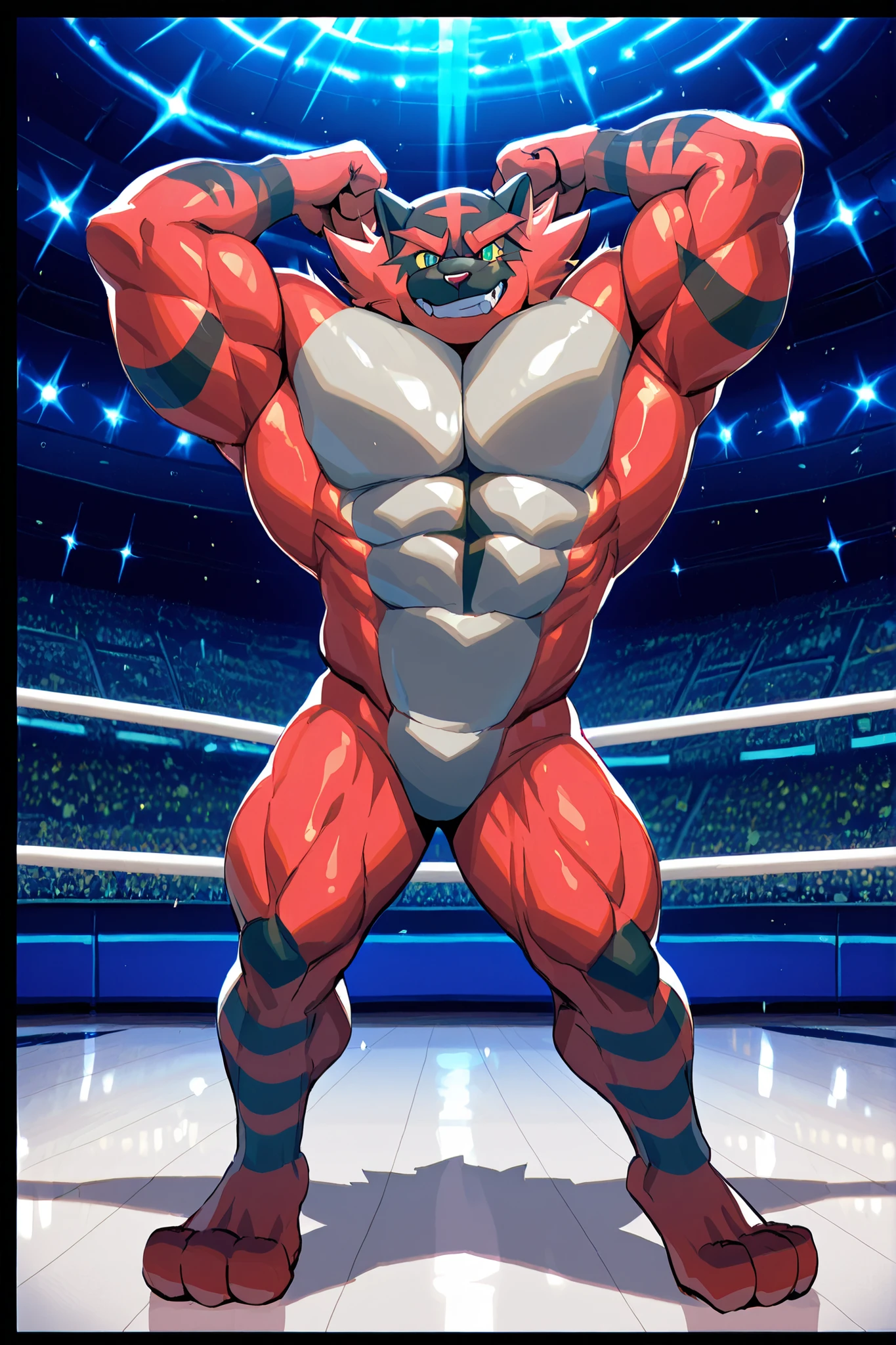 Incineroar flexing his muscles using a dildo in his ass 
