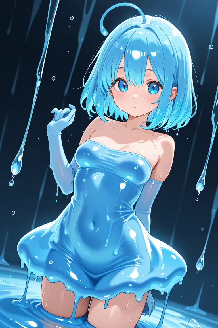 Highest quality, (masterpiece:1.2), Very detailed, 
One Girl, alone,
View your audience, Naughty smile, Transparent nipples、
blush, Blue Hair:1.2, short hair、Perm Hair((pantyhose))、A space divided by a grid、((Slime disguised as Sailor Mercury))、((Long gloves))、(Green slime leotard:1.5)、boots、(Spread your legs)、Mucus covering the groin