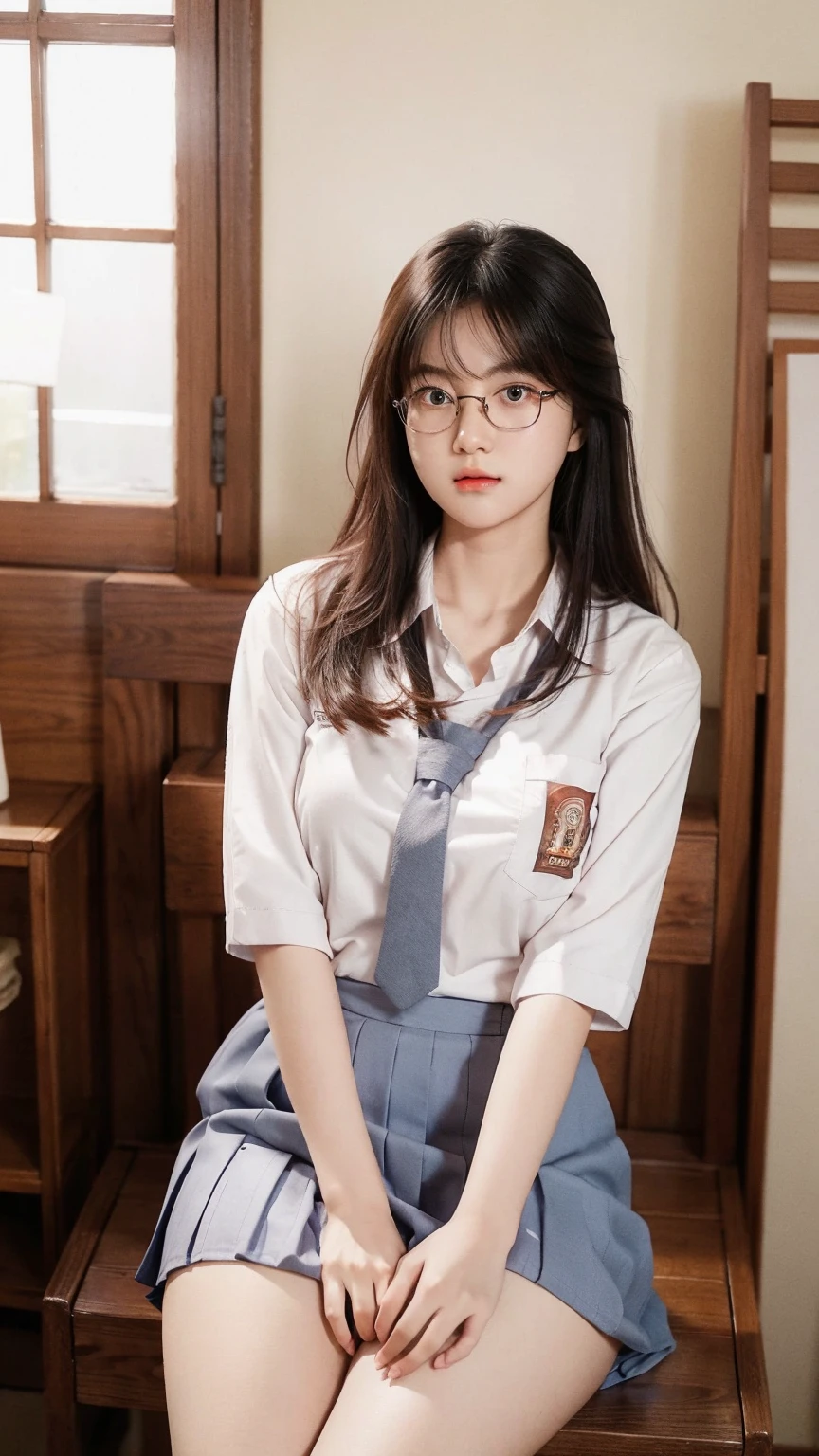 ulzzang-6500-v1.1, (Raw photo:1.2), (Photorealistic:1.4), Beautiful detailed girl, Very detailed eyes and face, Beautiful detailed eyes, Ridiculous, Incredibly ridiculous, Huge file size, Ultra detailed, High Definition, Very detailed, Best quality, Masterpiece, Kemomimi, ((Japan Girls' High School Uniform)), Illustration, Very detailed, CG, Unification, 8k wallpaper, amazing, fine detail, masterpiece, best quality, highly detailed cg uniform 8k wallpaper, face light, movie lighting, 1 girl, 16 years old, (without panties)), (with glasses), (dynamic pose))), (camel toe), (half), (bent knees and legs sitting))